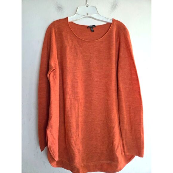 Eileen Fisher Boxy Orange Red 100% Italian Merino Wool Scoop Neck Sweater Large - Picture 1 of 6